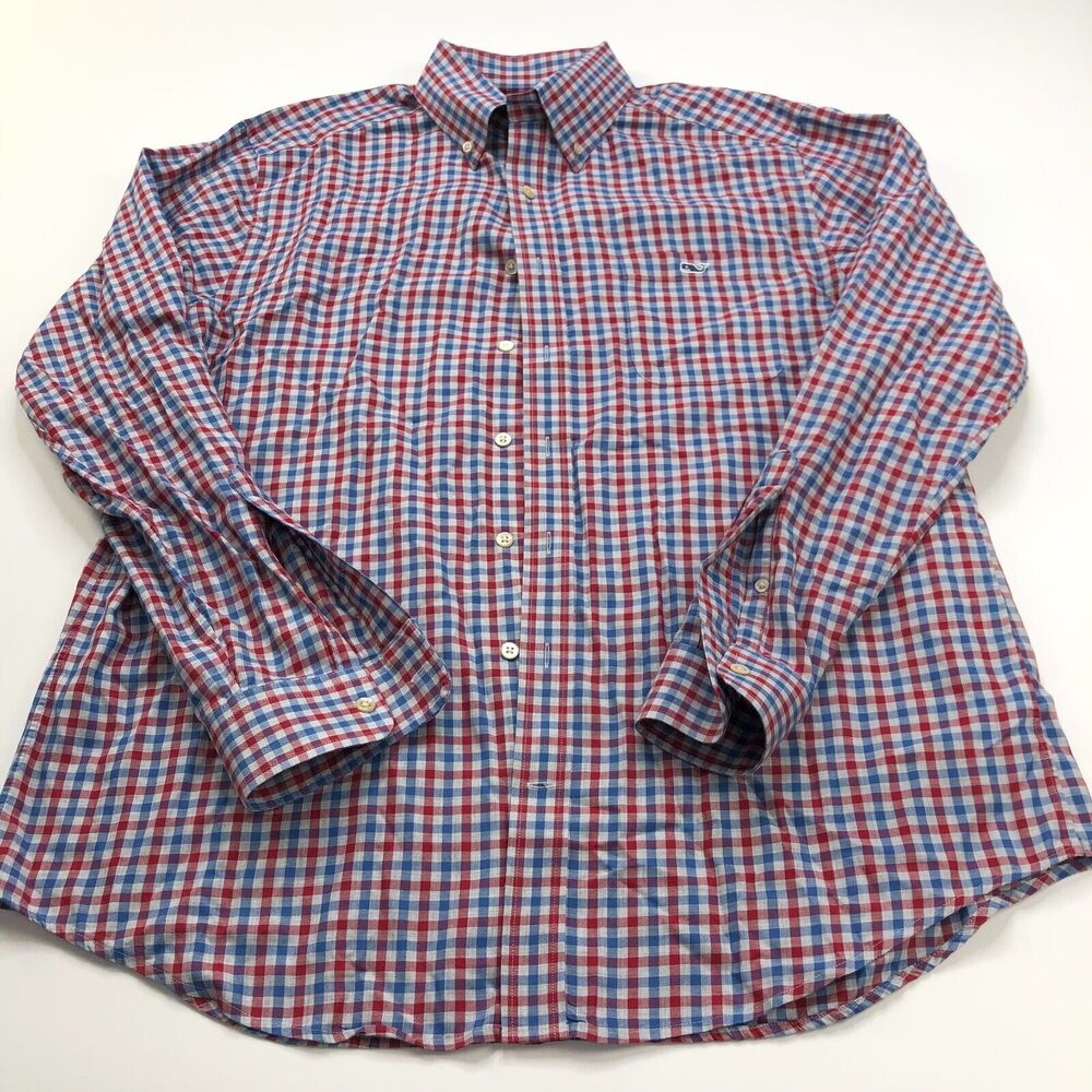 Vineyard Vines SLIM FIT TUCKER Large Long Sleeve Check Shirt Red Blue